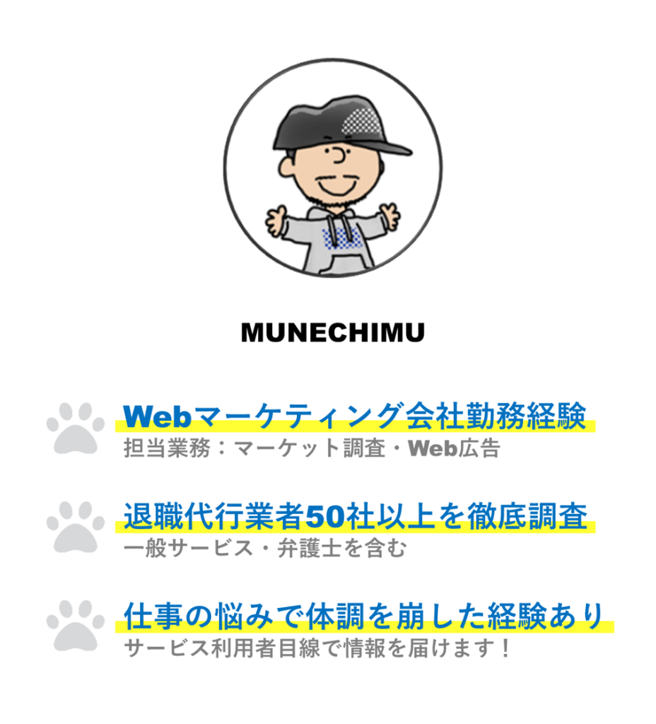 Webマーケティング会社勤務経験 担当業務：マーケット調査・Web広告、退職代行業者50社以上を徹底調査 一般サービス・弁護士を含む、仕事に悩み、体調を崩した経験ありサービス利用者目線で情報を届けます！